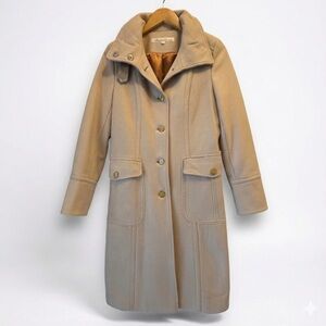 Kenneth Cole New York Coat Beige/Tan Wool Blend Peacoat Long Belted Collar XS
